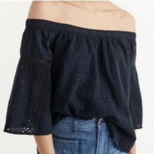 ABERCROMBIE & FITCH Navy Blue Eyelet Off-Shoulder Top